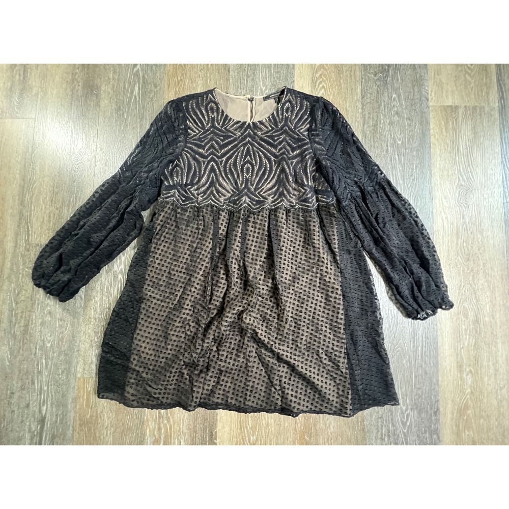 BCBGMAXAZRIA Mini Dress Womens Medium Black Lace Swiss Dot Balloon Sleeve